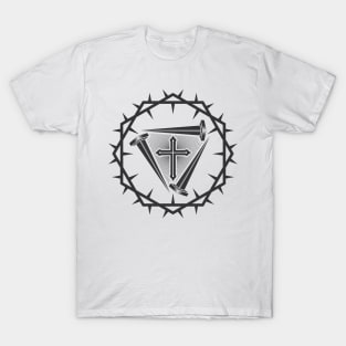 The cross of Jesus and the nails of the crucifix are framed with a crown of thorns. T-Shirt